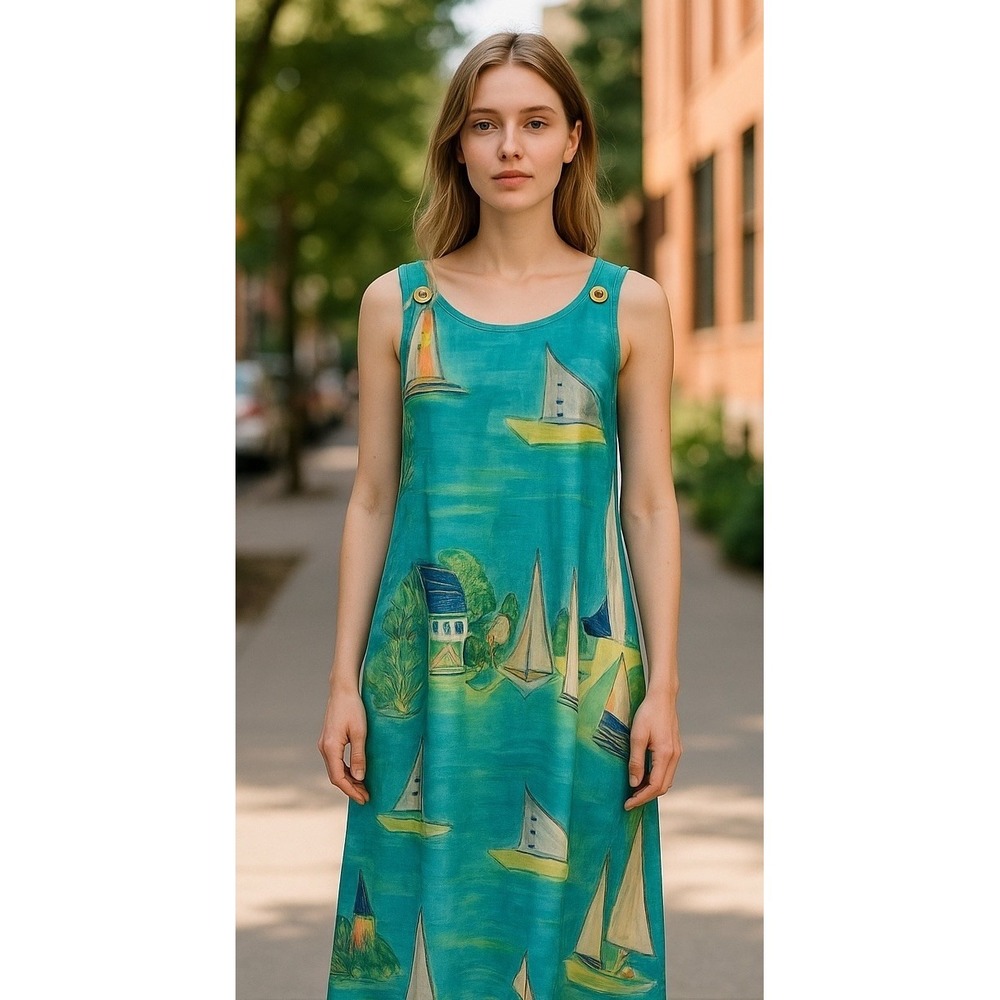 VTG Sailboat Dress Sailor Nautical Shift‎ Maxi Beach Bright Travel Medium Small